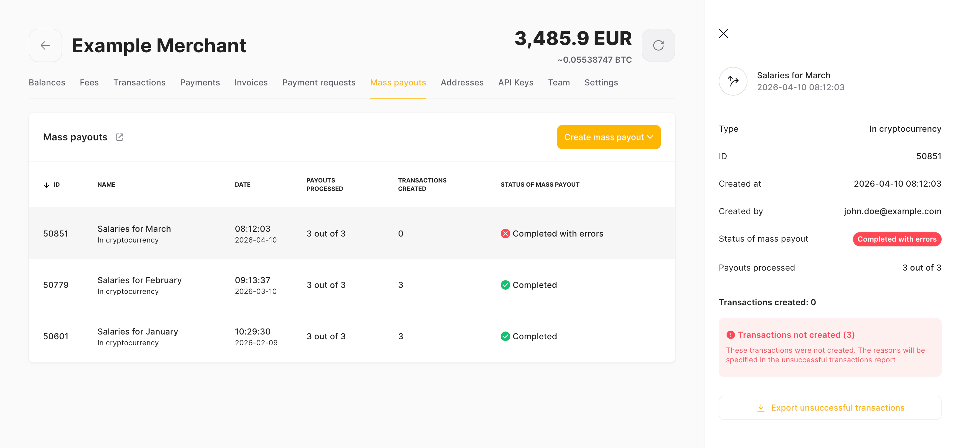 Unsuccessful Mass Payouts