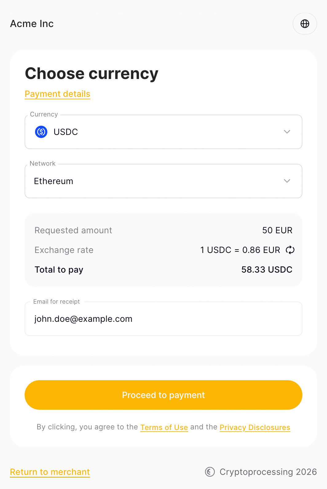 Payment request step 1