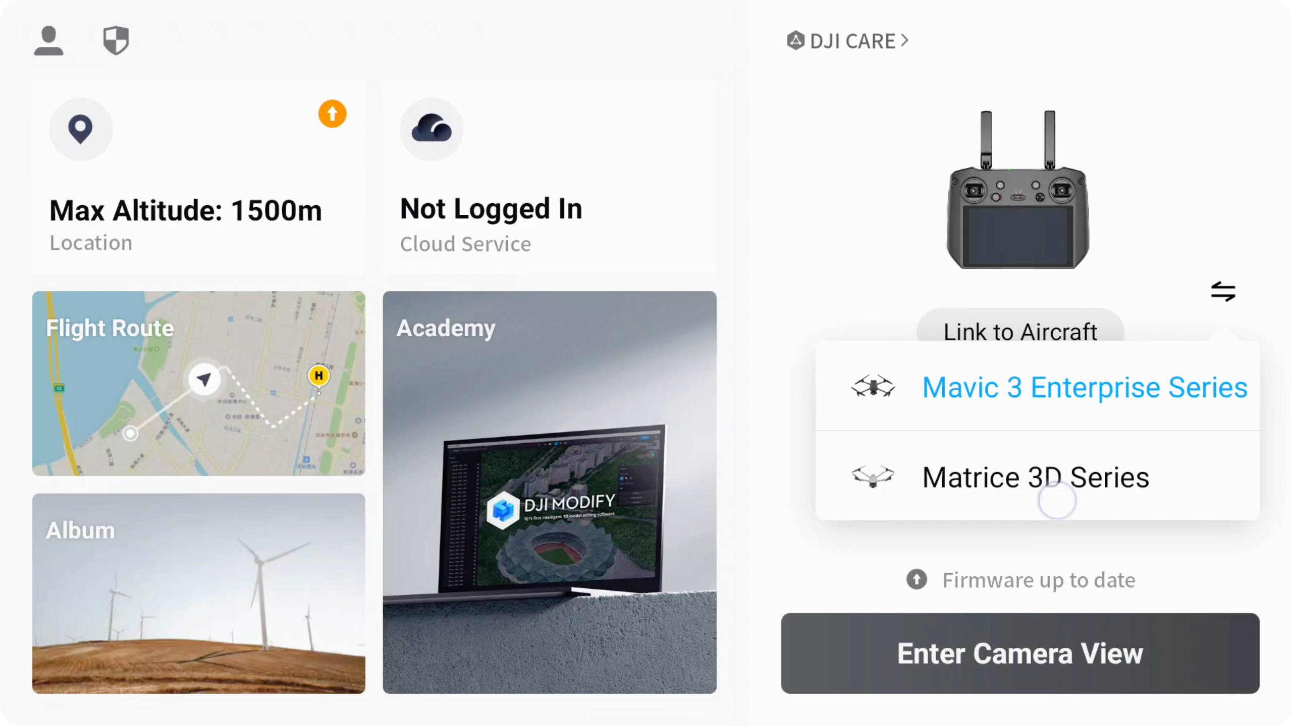 In DJI Pilot 2, switch device to Matrice 3D