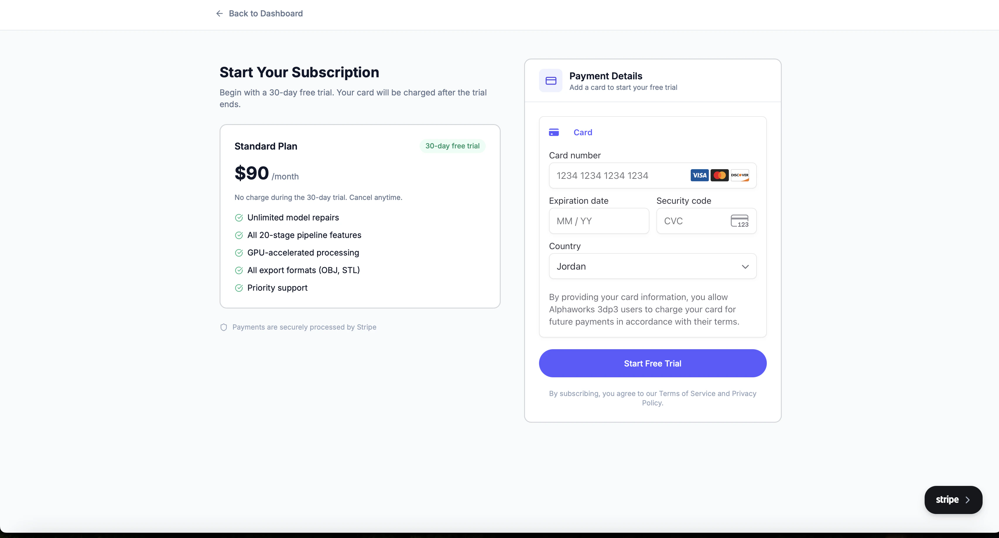 Checkout page with payment form