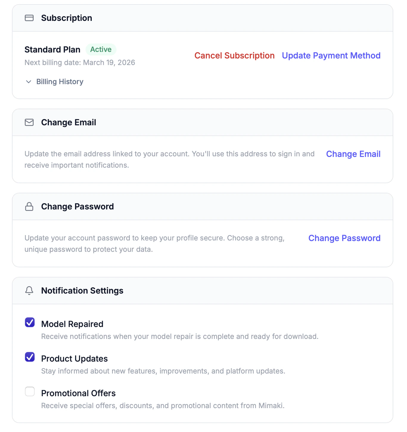 Account settings page