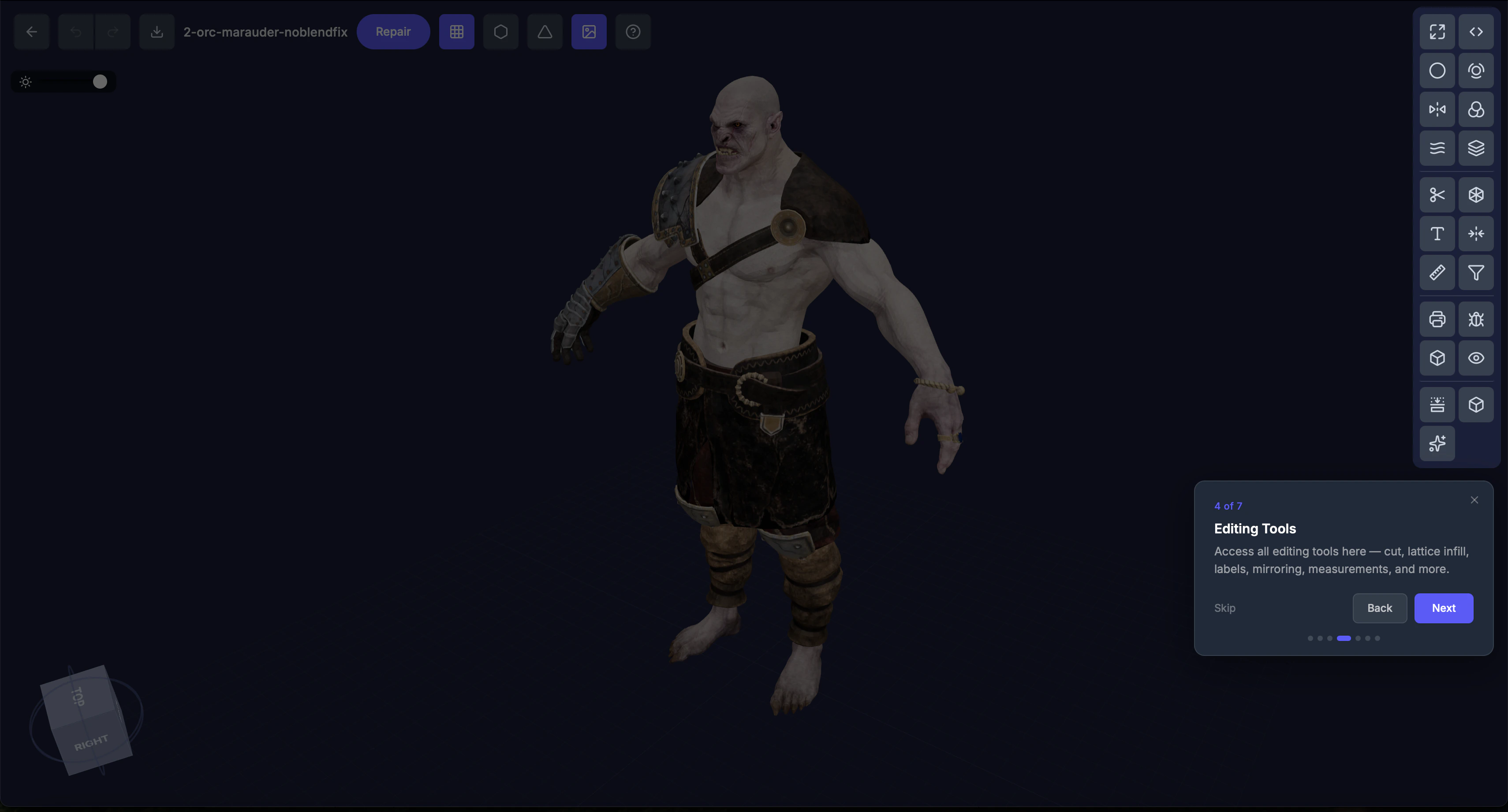 Editor layout with labeled areas: toolbar, viewport, settings panel, AI assistant