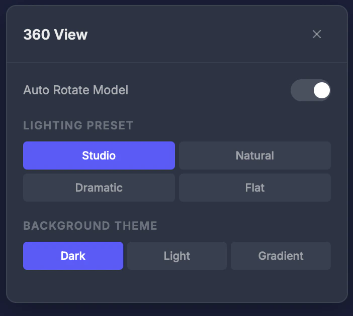 360 View settings with lighting and background options