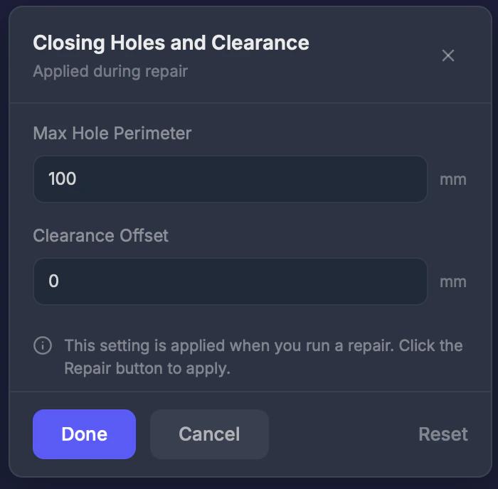Close Holes tool settings panel