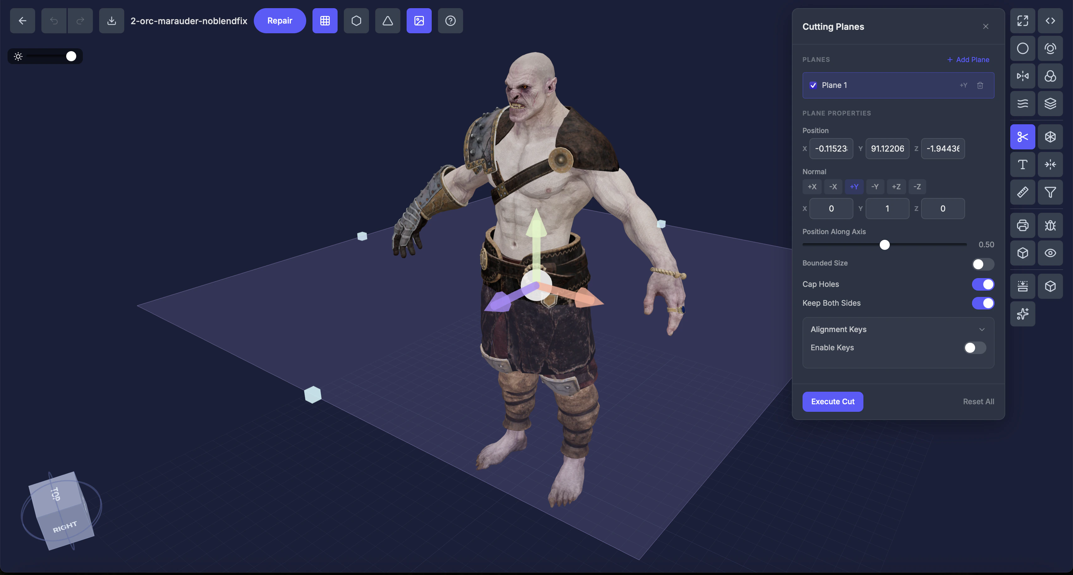 Cut tool settings panel with cutting plane visible in viewport