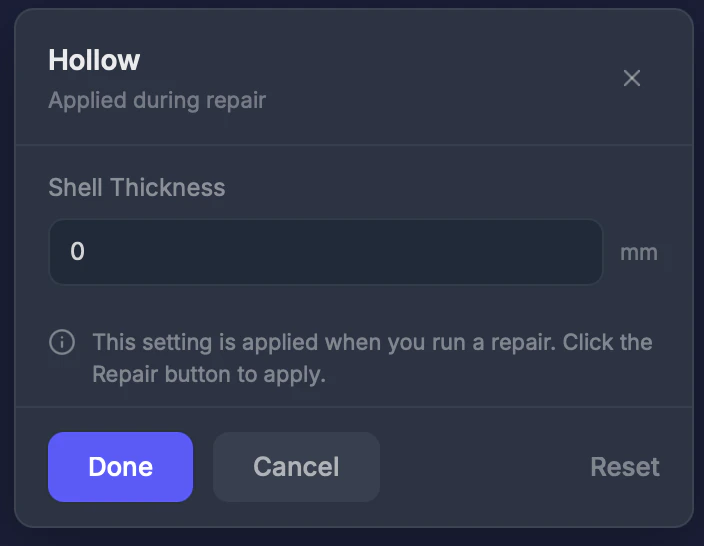 Hollow tool settings panel