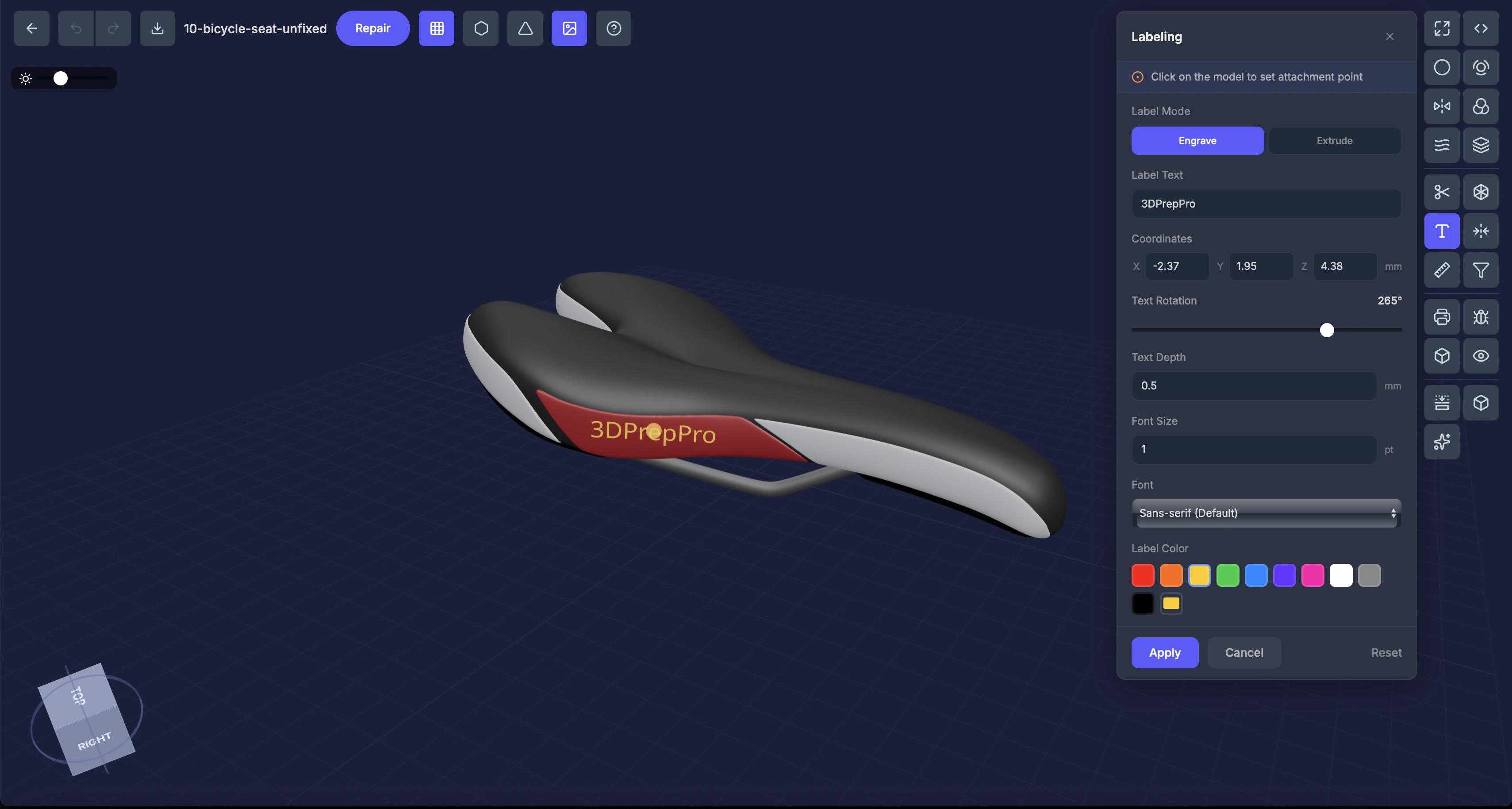 Label tool settings panel with text preview on model