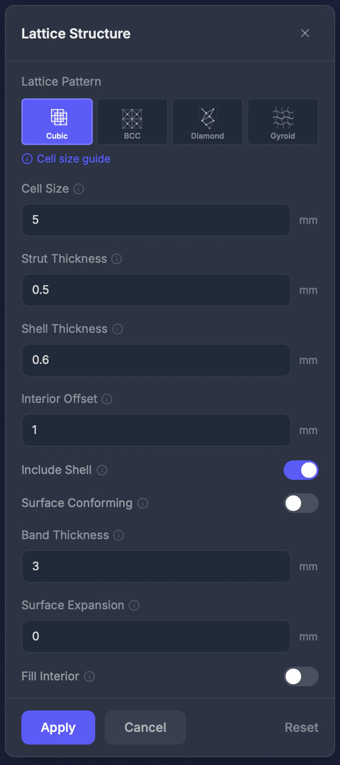 Five lattice pattern types: Cubic, BCC, Octet, Diamond, Gyroid