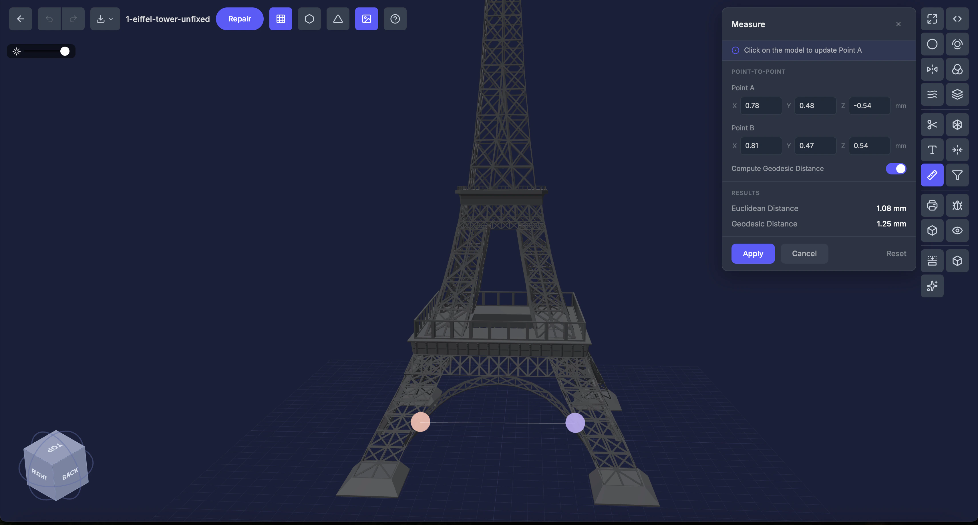 Measure tool showing two points and distance readout