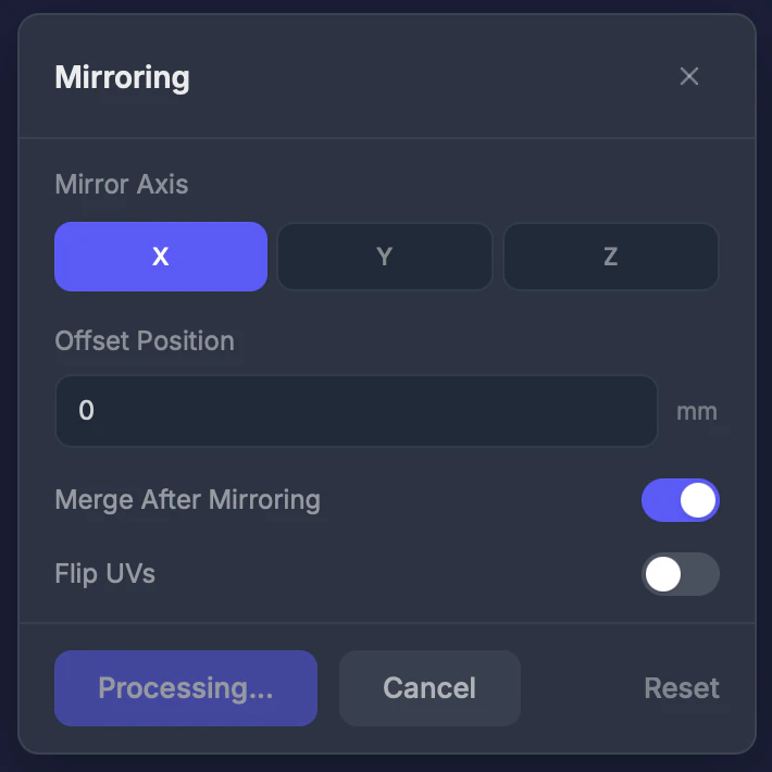 Mirror tool settings panel