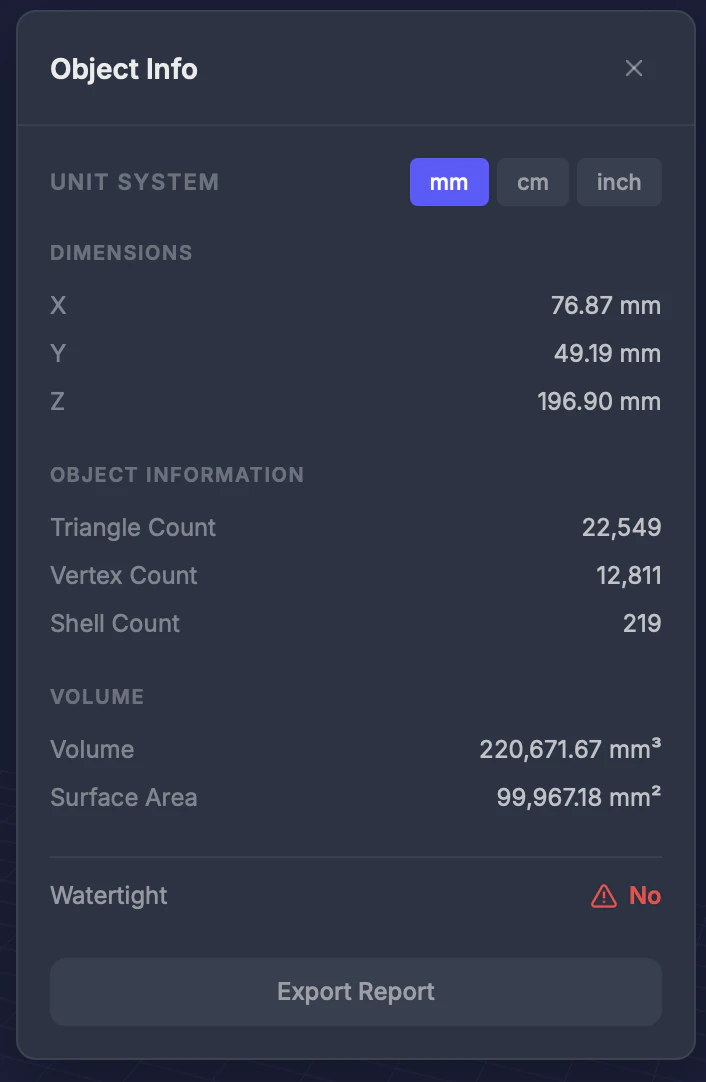 Object Info panel showing model statistics