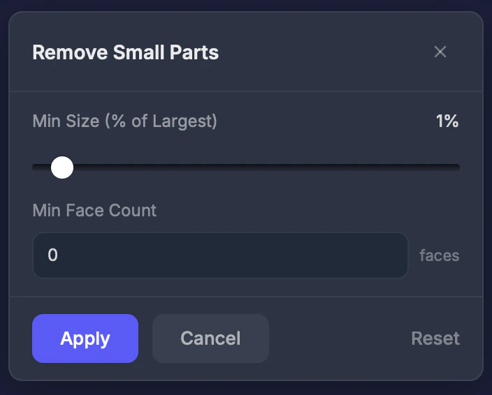 Remove Small Parts tool settings panel