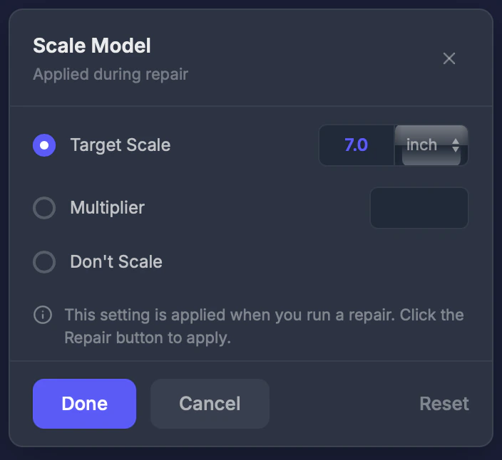 Scale tool settings panel