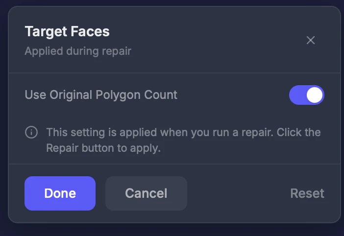 Target Faces tool settings panel