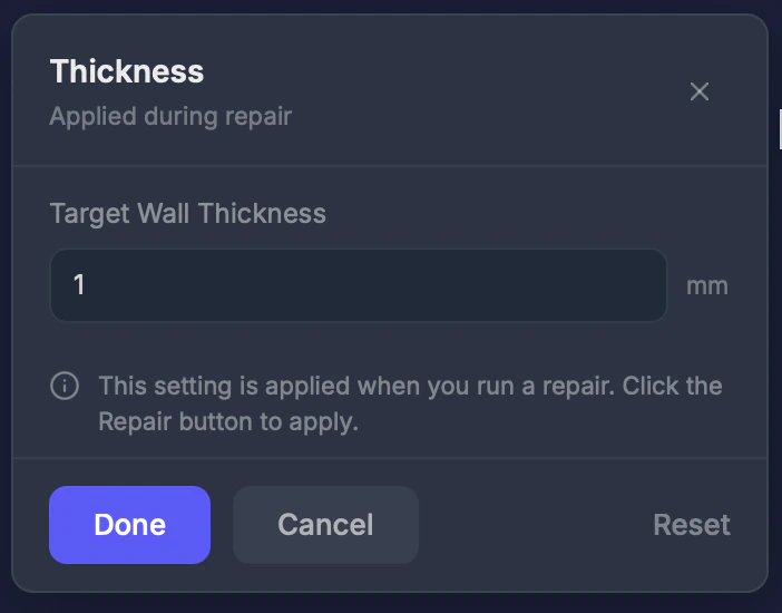 Wall Thickness tool settings panel