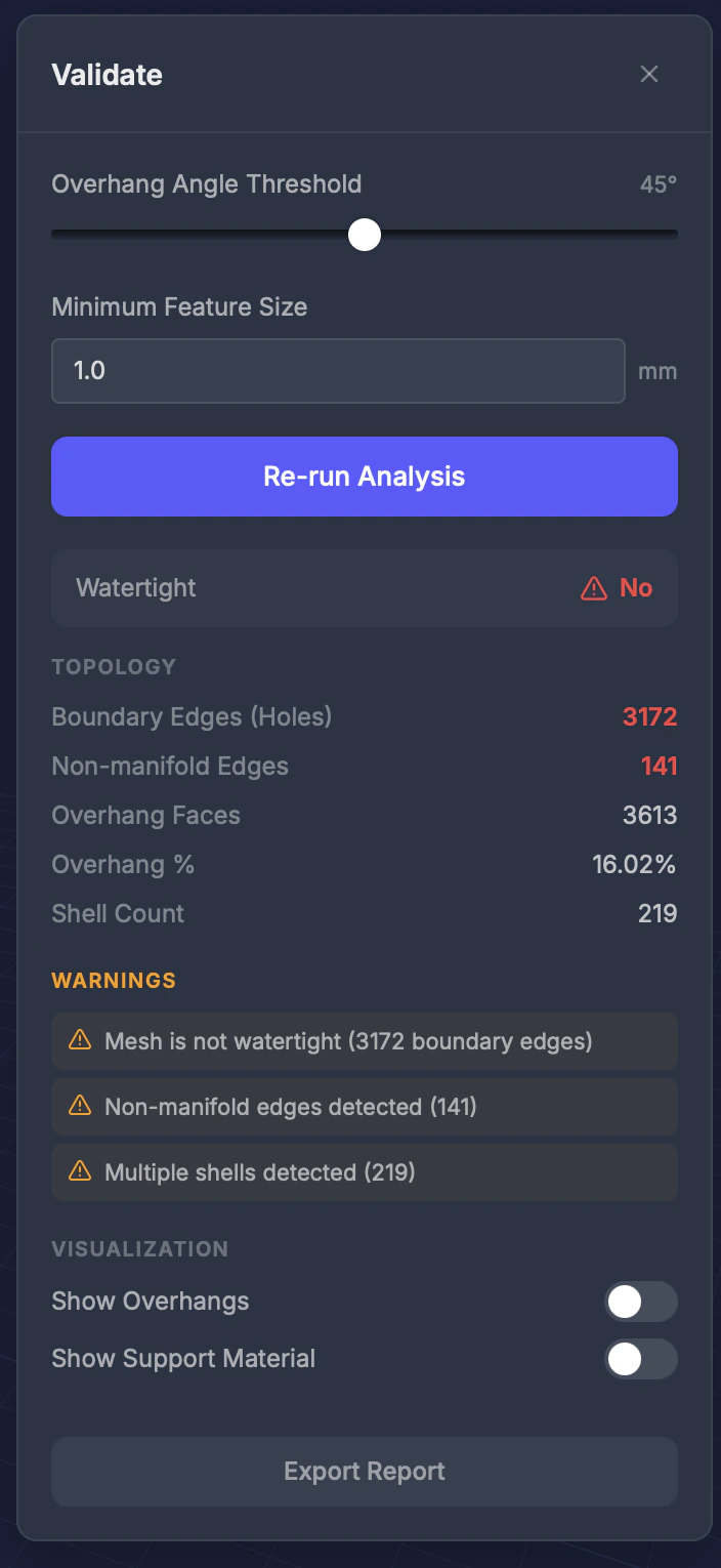 Validate tool settings and results panel