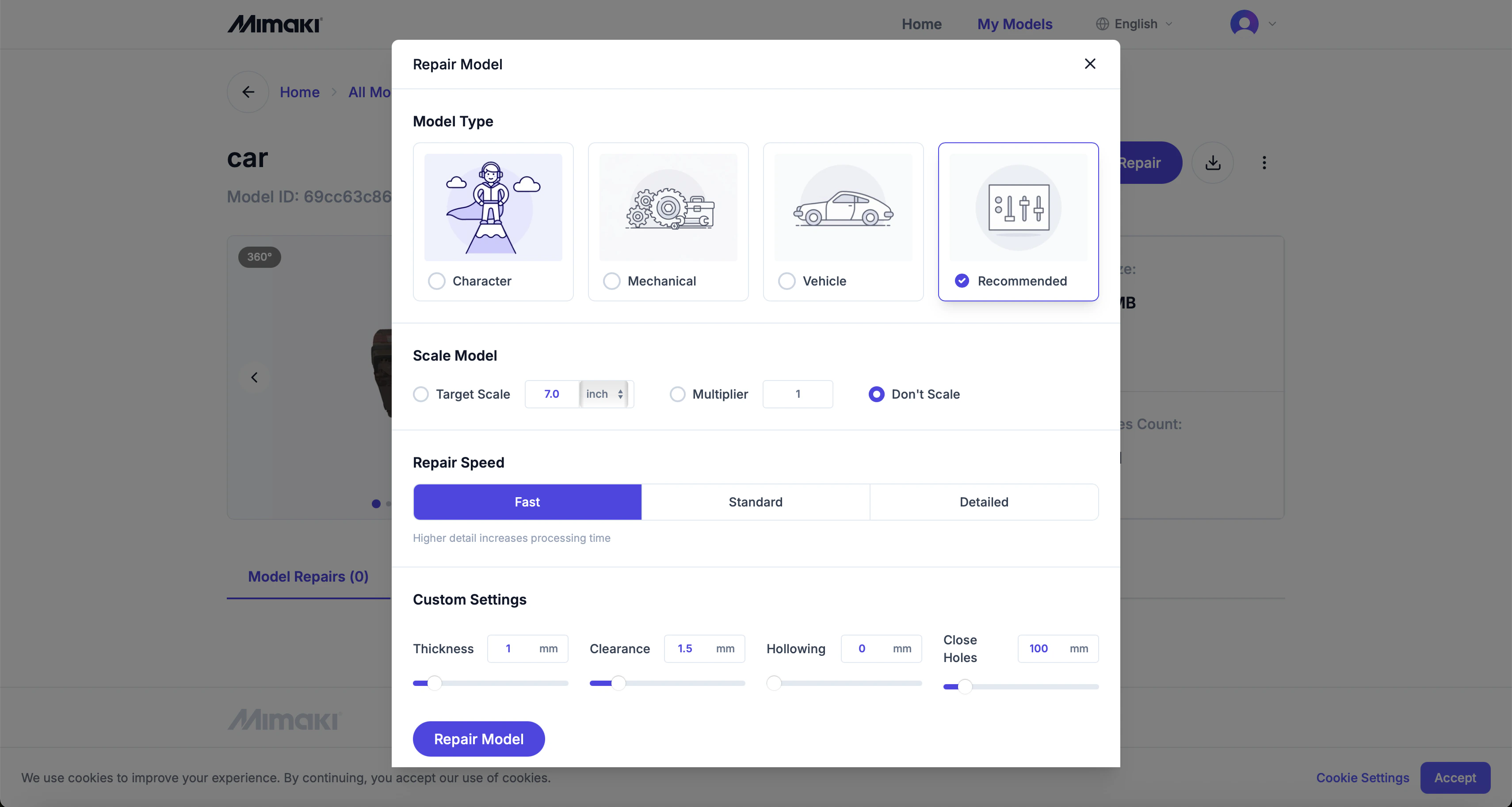 Repair dialog with model type selection and settings
