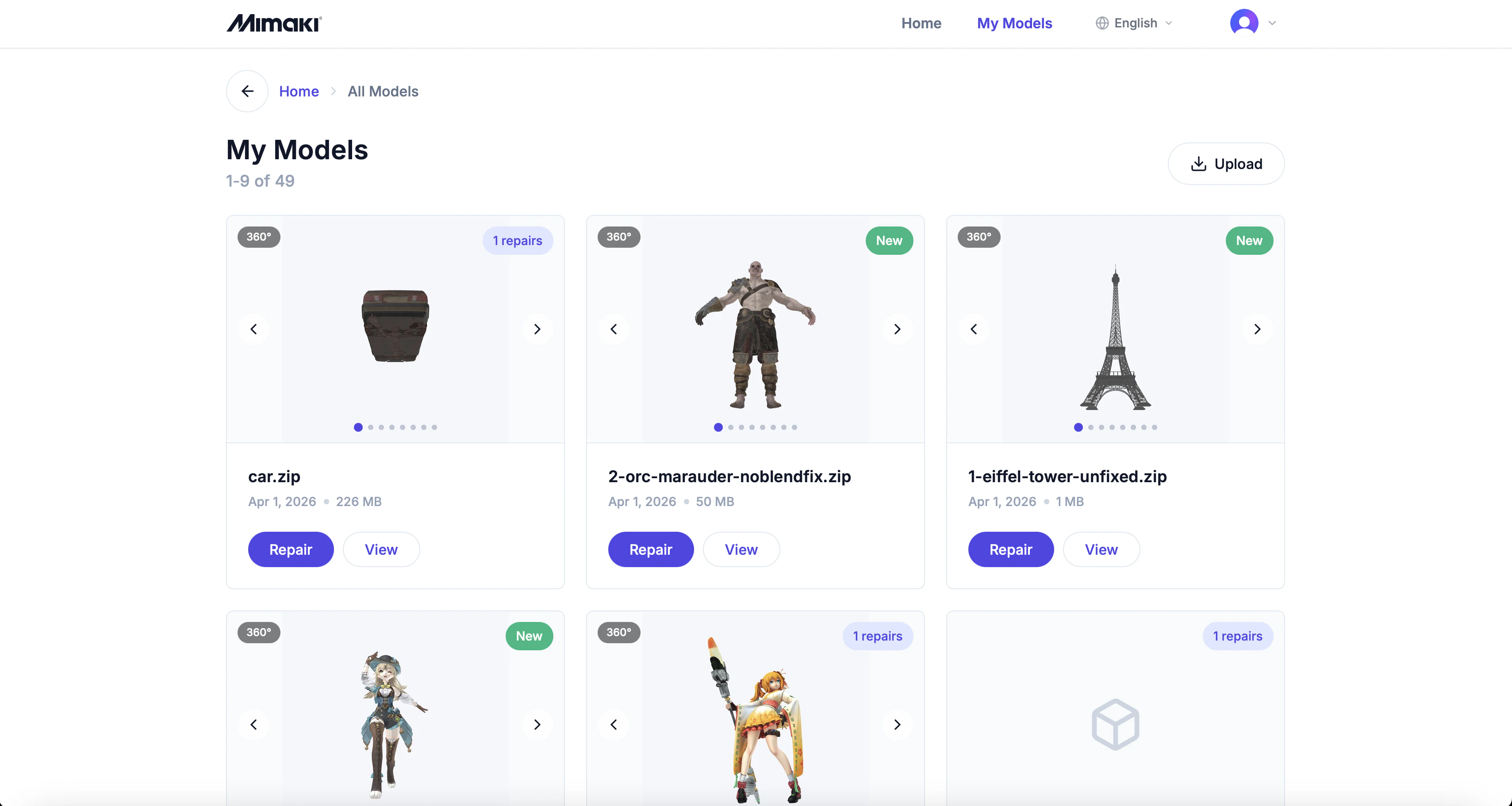 My Models page showing a grid of model cards