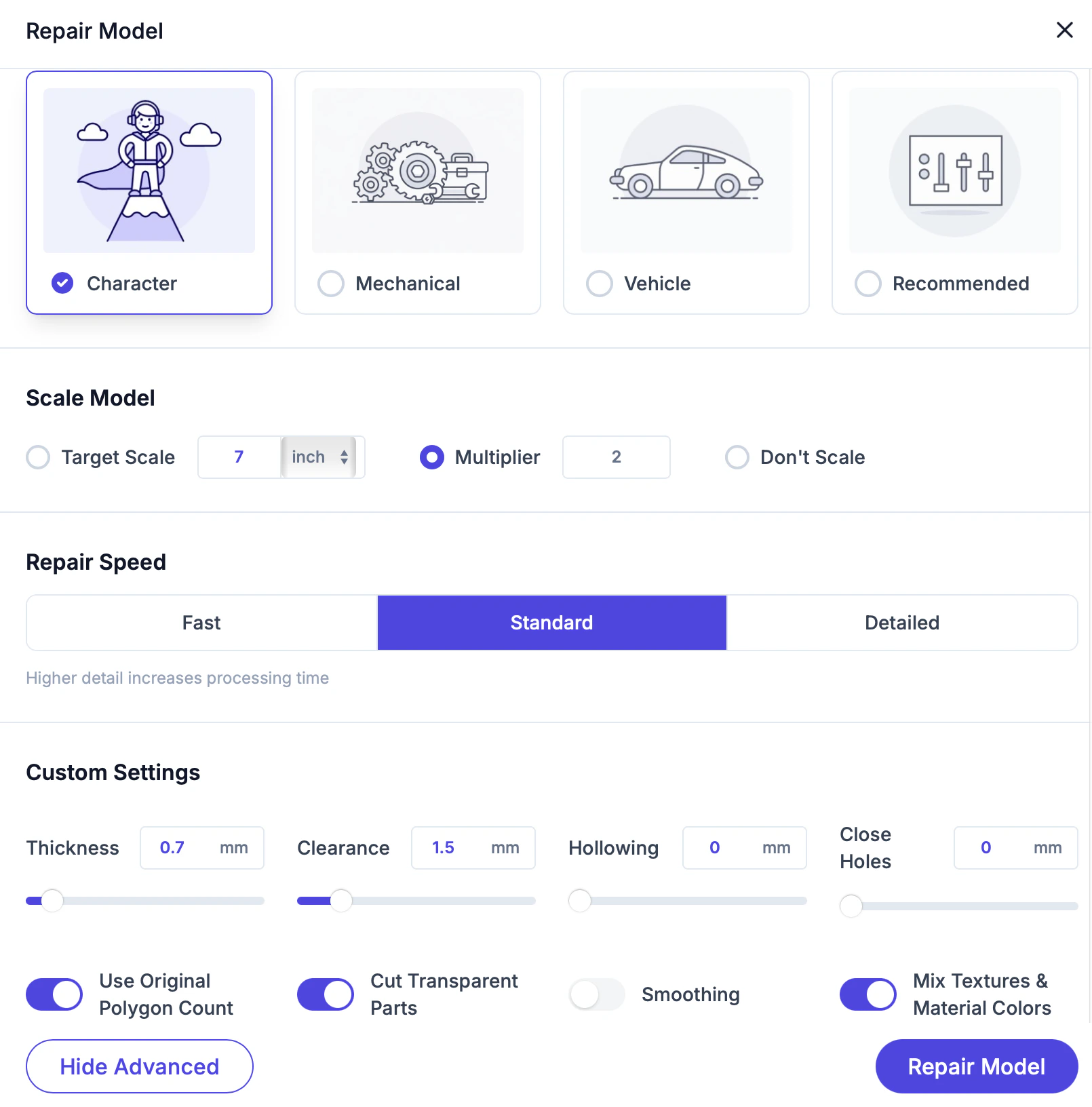 Advanced repair settings panel expanded