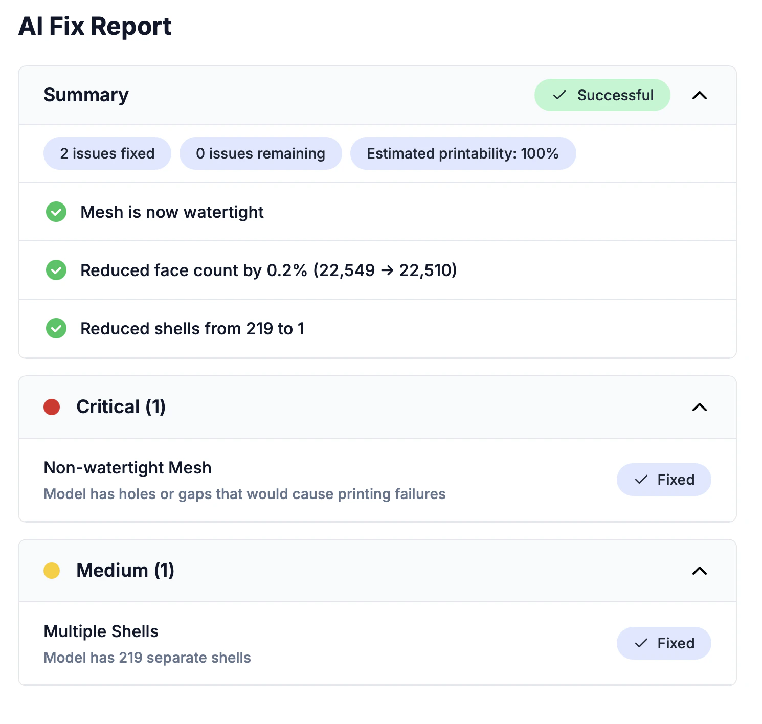 AI fix report showing issue categories and fixes