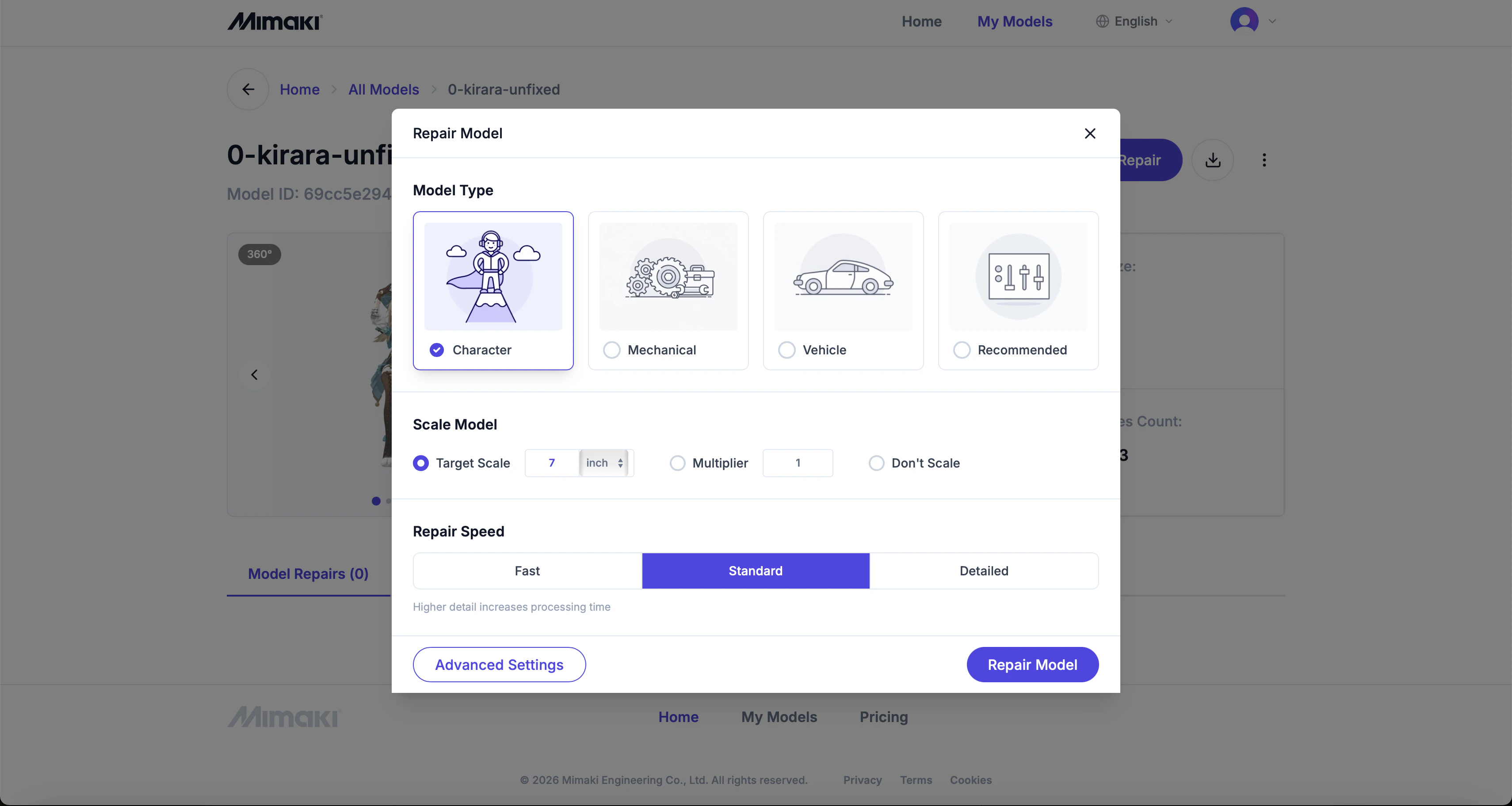 Model type preset selection cards