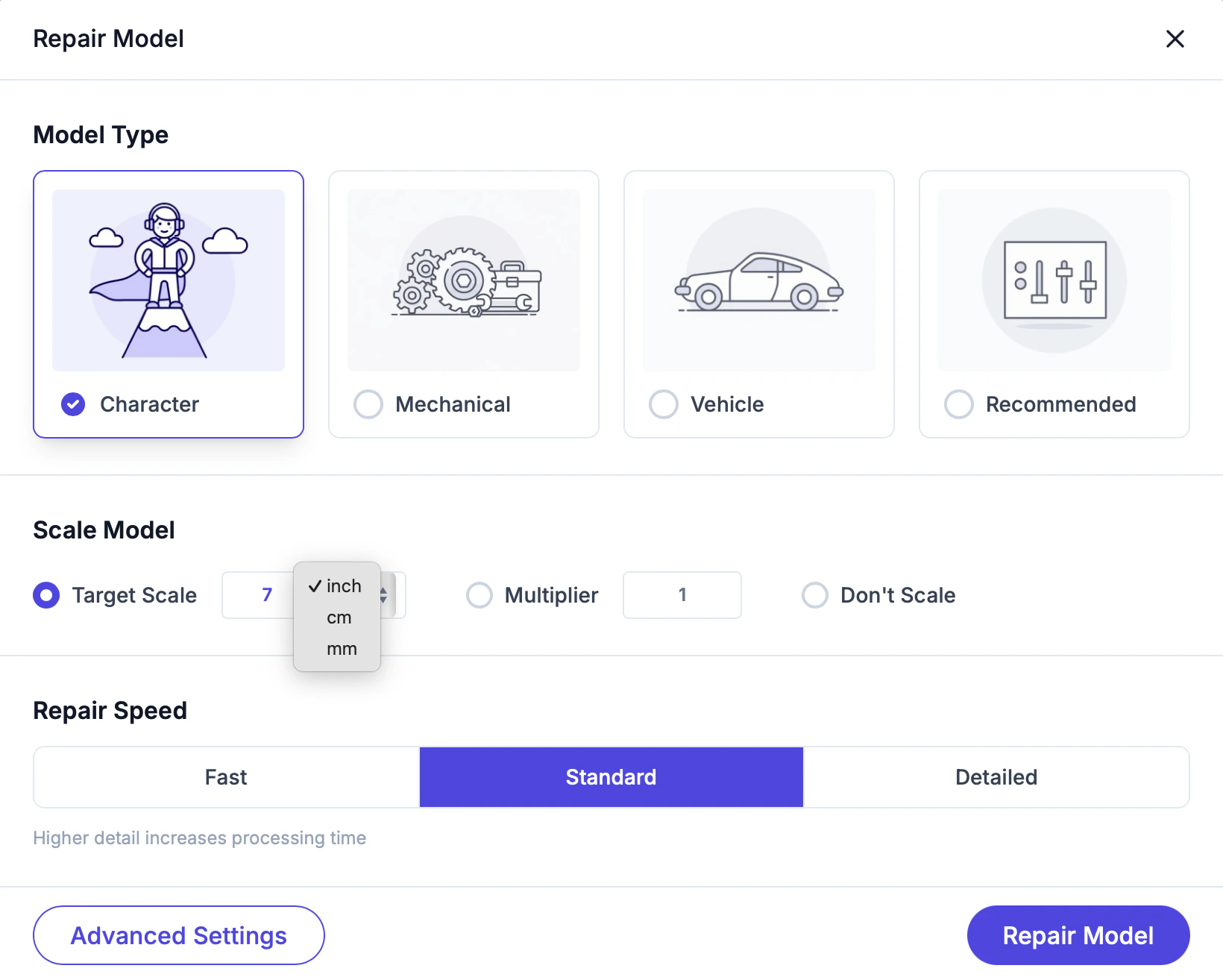 Scale settings with target dimension mode