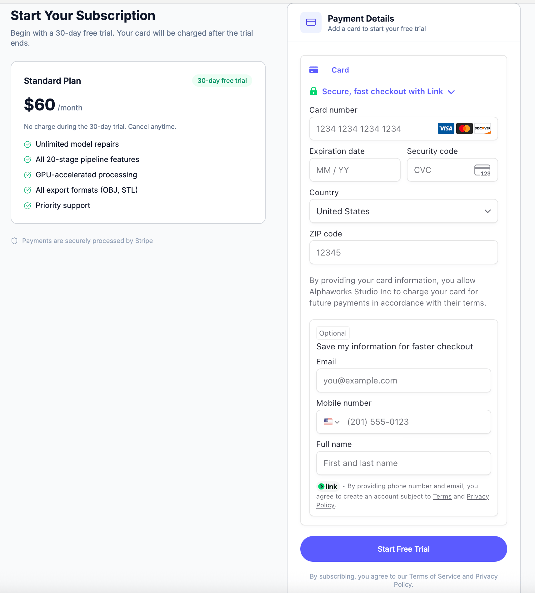 Checkout page with payment form