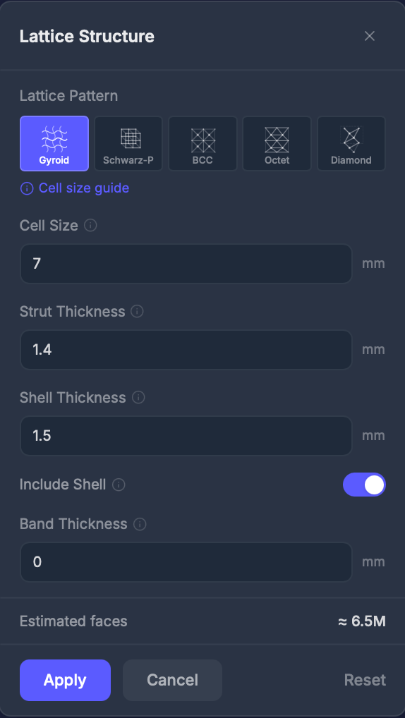 Five lattice pattern types: Gyroid, Schwarz-P, BCC, Octet, Diamond