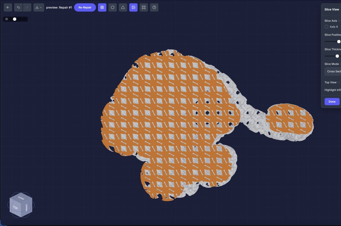 Slice-view cross-section showing the gyroid lattice infill inside the model