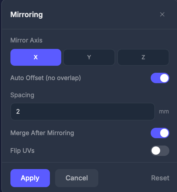 Mirror tool settings panel