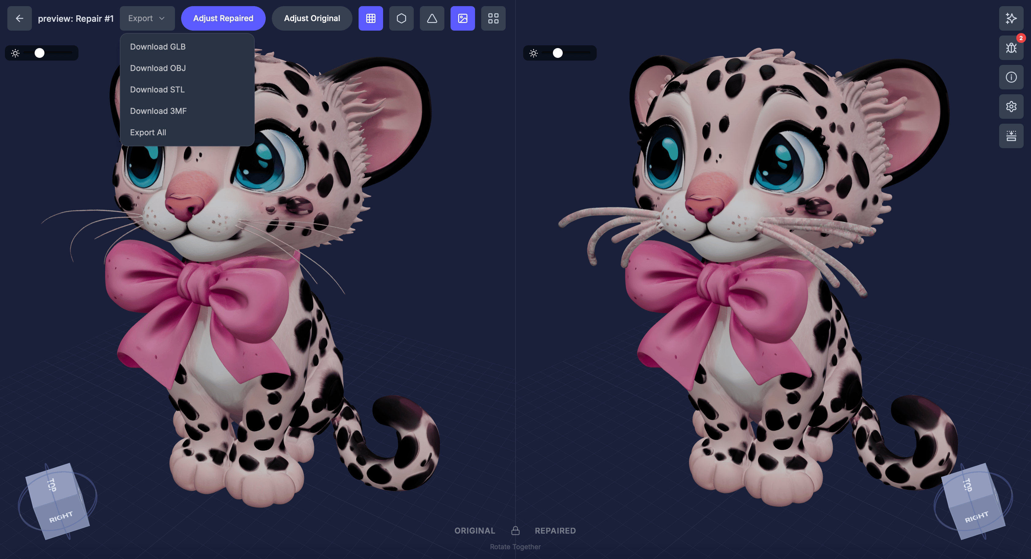 Export format dropdown in the 3D editor