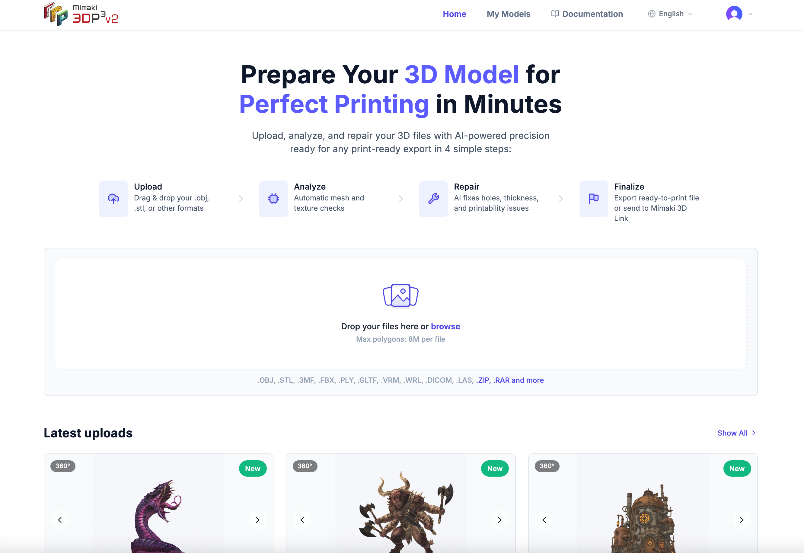 3D Prep Pro home dashboard showing upload area and recent models