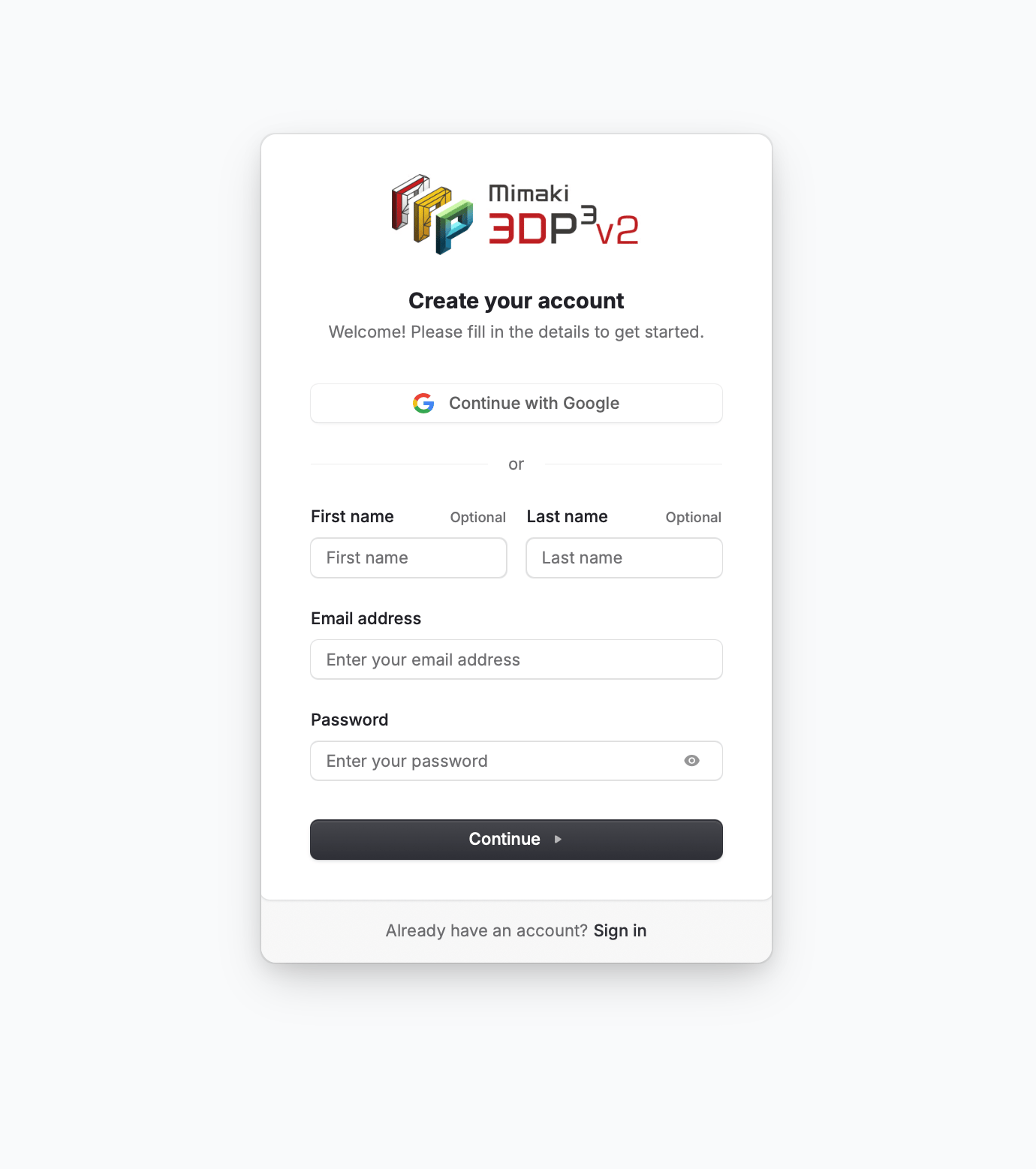 3D Prep Pro sign-up page