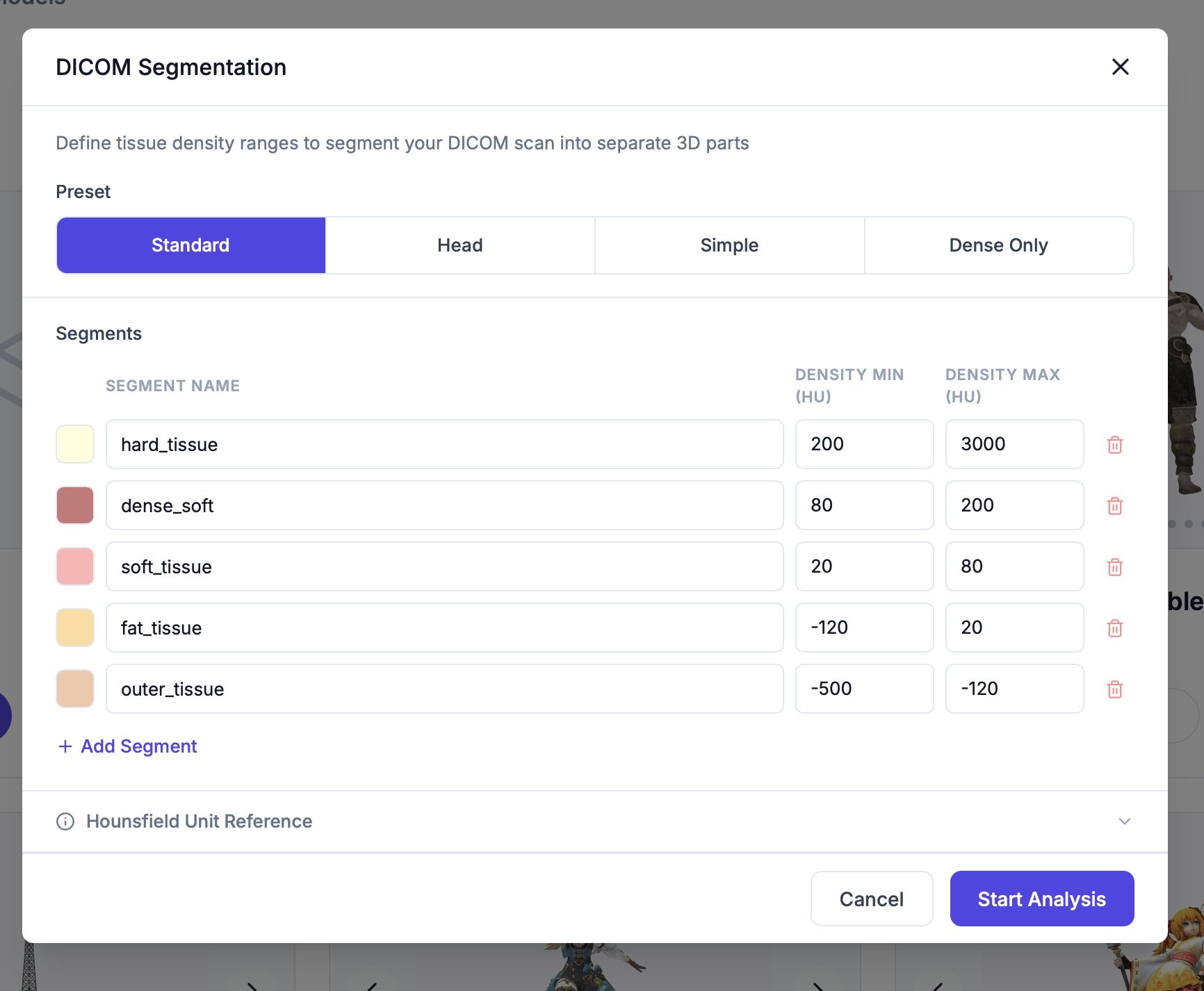 DICOM Segmentation dialog with tissue-density presets and Hounsfield Unit ranges