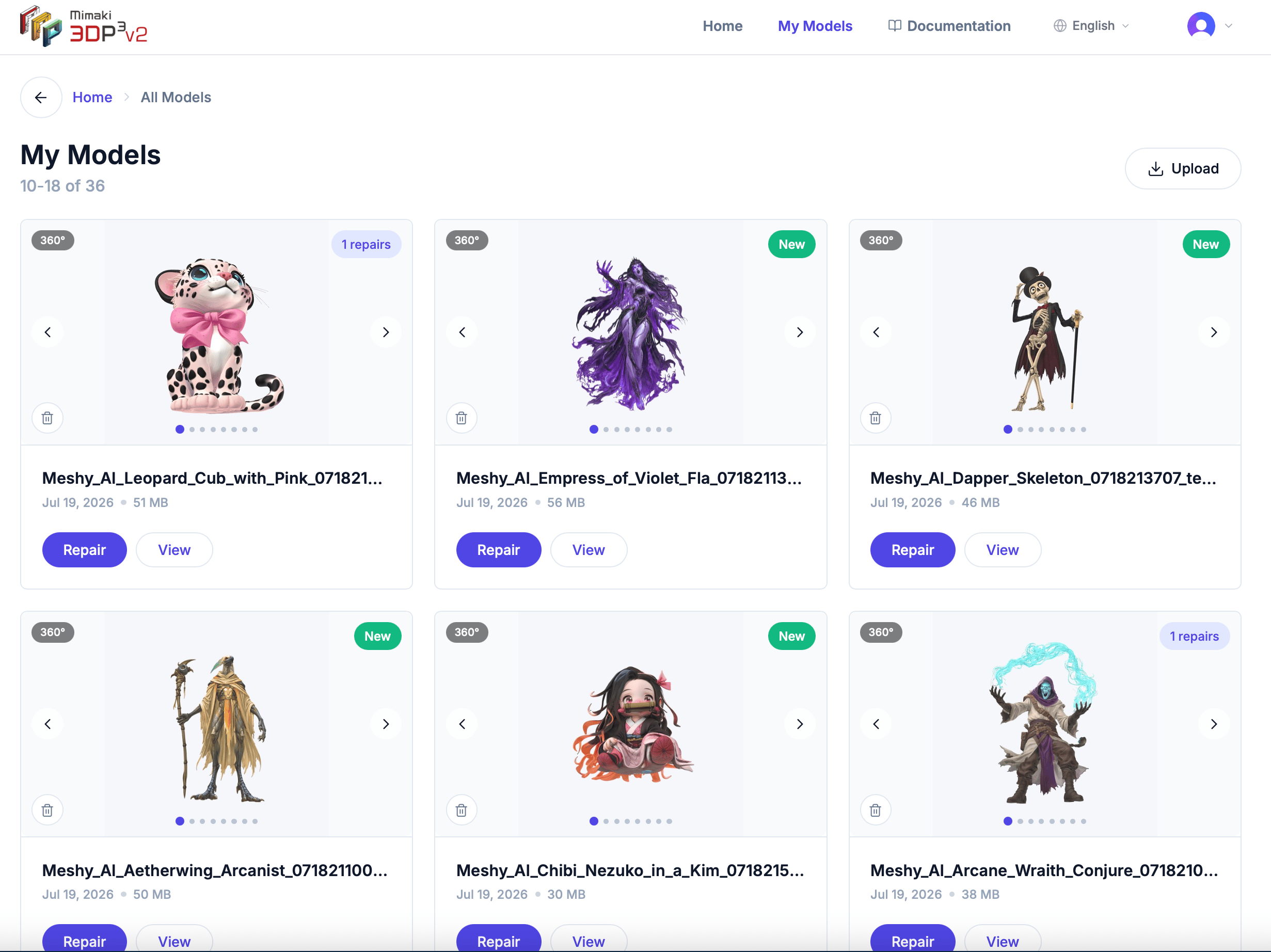 My Models page showing a grid of model cards