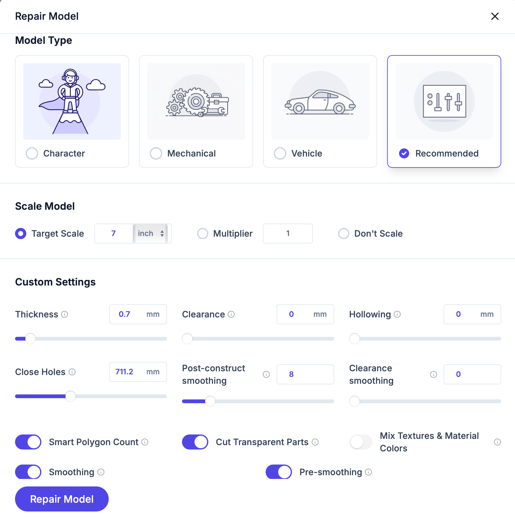 Advanced repair settings panel expanded