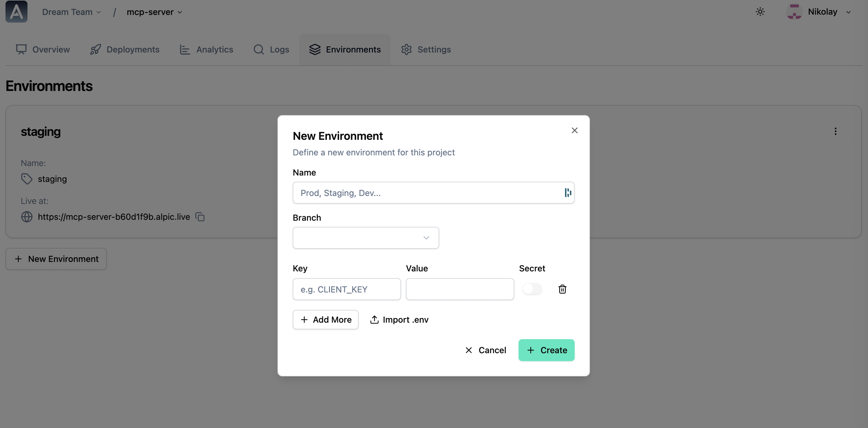 Create a new environment