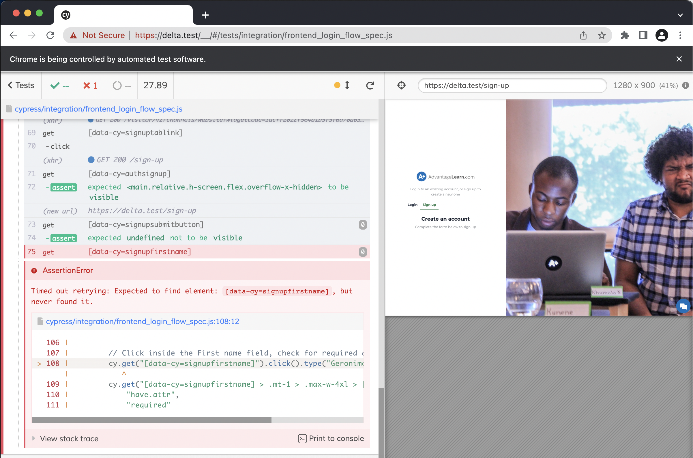 Cypress running test