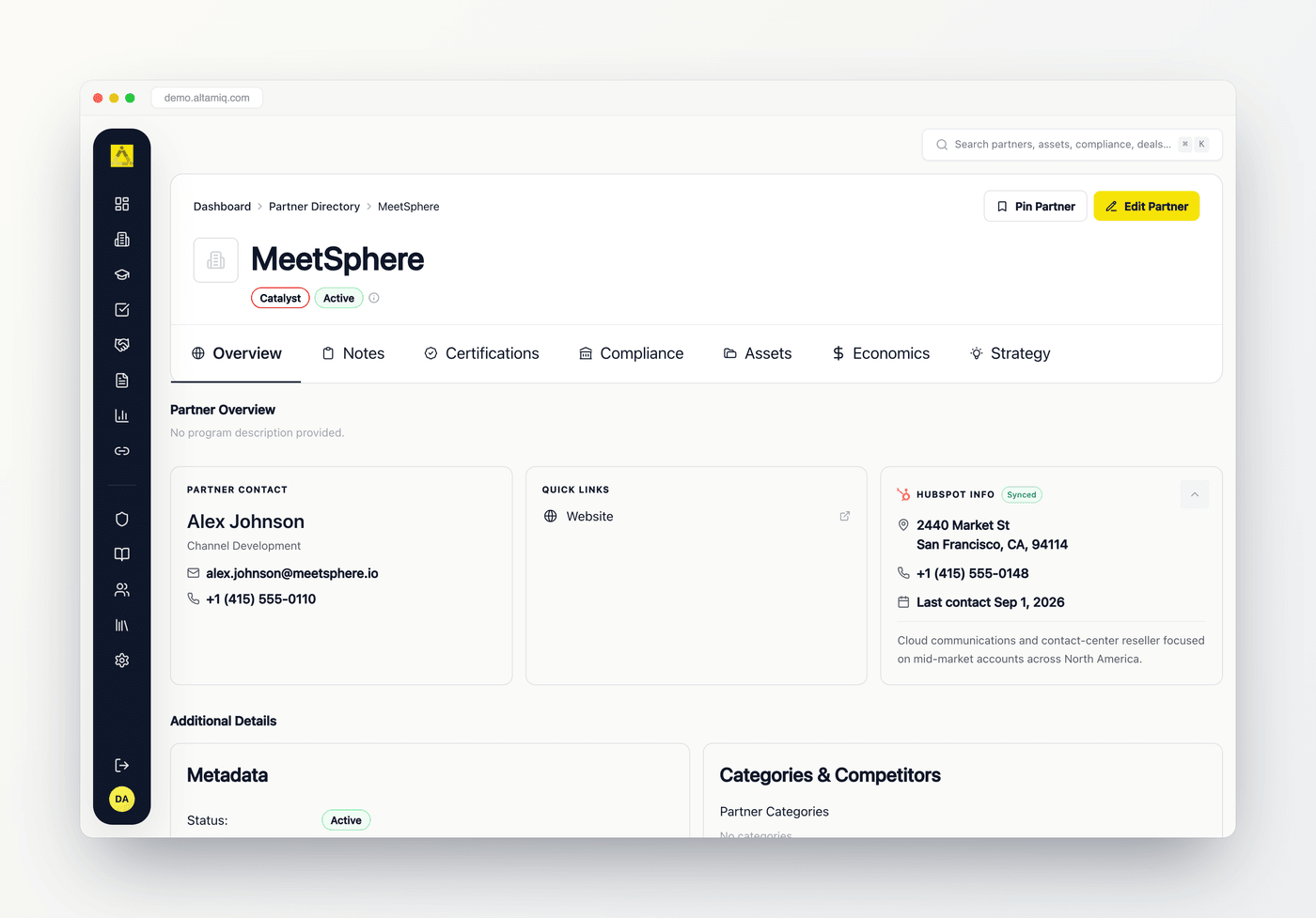 HubSpot Sync Dashboard showing a scoreboard of event counts, a 7-day volume chart, a filterable activity feed, and a Fields we track list