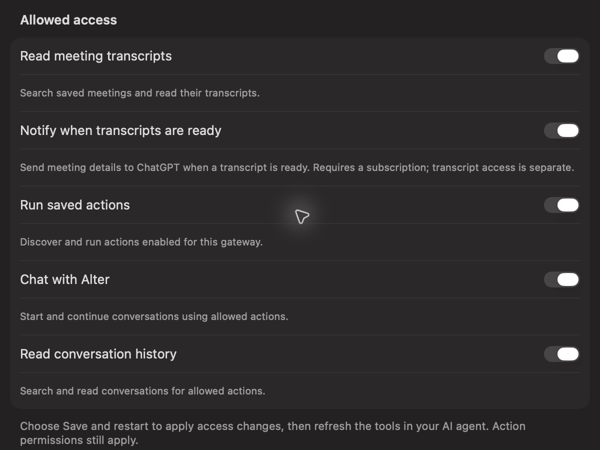Allowed access settings in Alter showing the five MCP Gateway capability switches