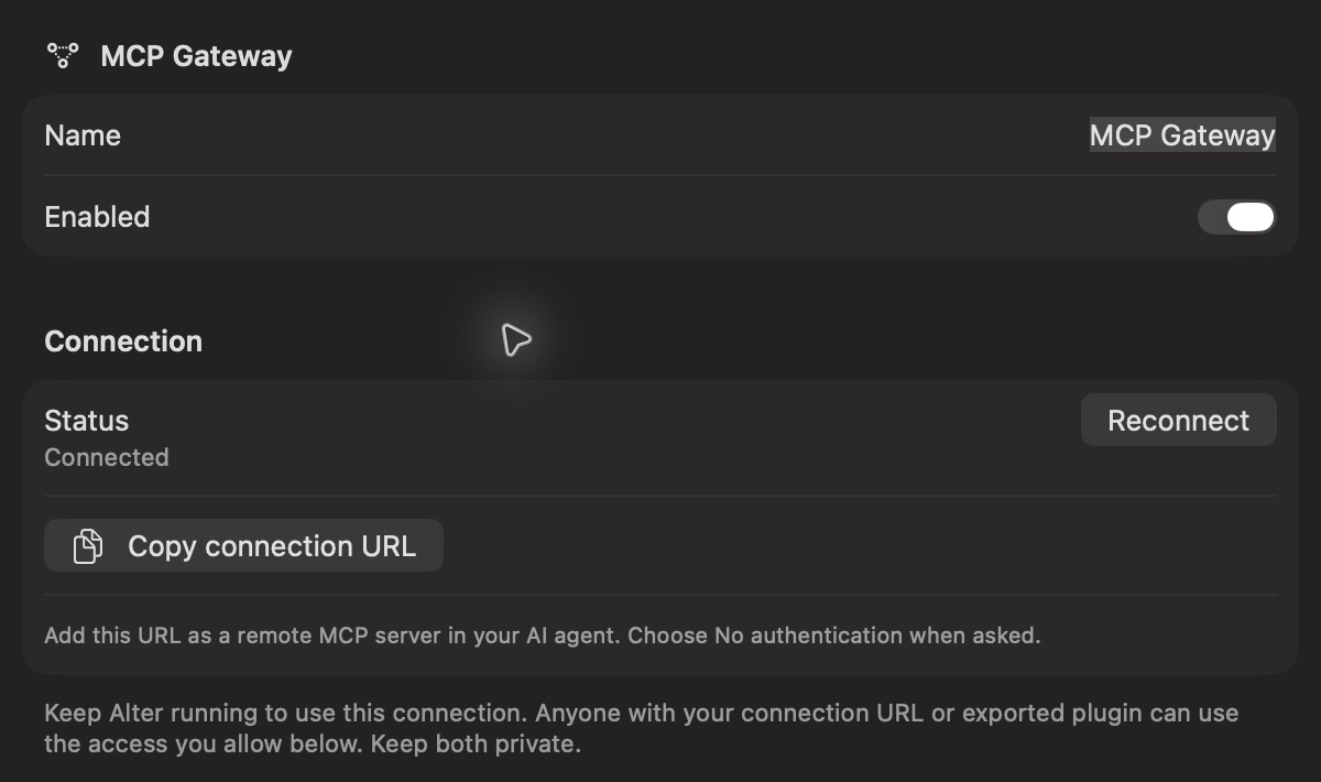 Alter MCP Gateway settings with Enabled switched on and the connection controls