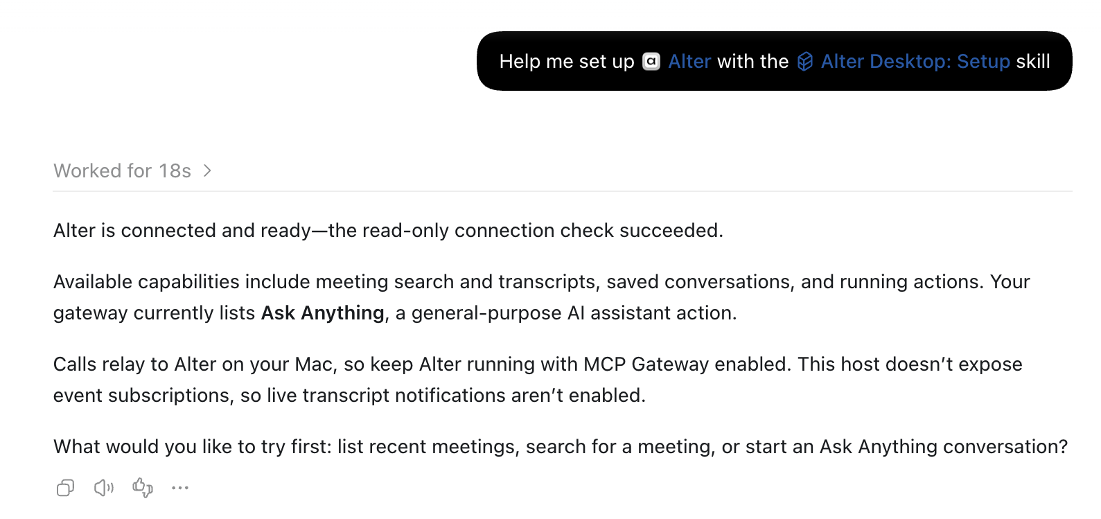 Setup chat confirming Alter is connected and the read-only check succeeded, while noting this Local host does not expose event subscriptions