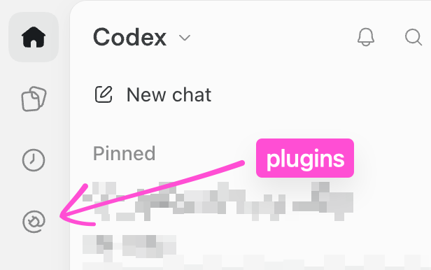 ChatGPT sidebar with a magenta arrow pointing to the Plugins icon