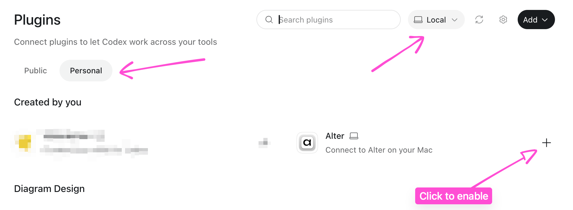 ChatGPT Plugins page with arrows pointing to Personal, Local, and the plus button beside Alter