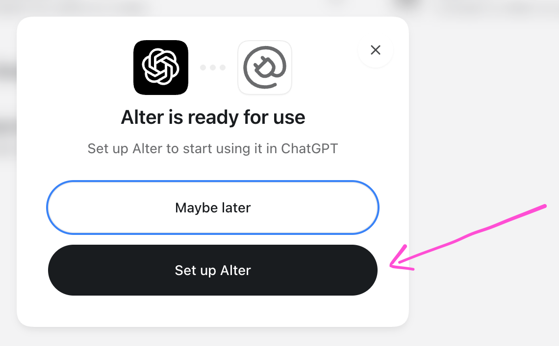 Alter installation dialog with an arrow pointing to Set up Alter