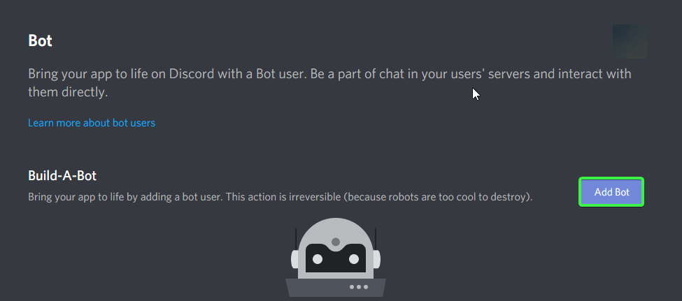 Discord Developer Portal — Bot page with Add Bot button