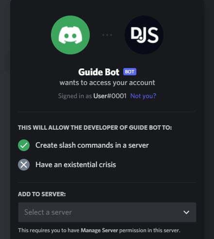 Discord bot authorization page when opening the generated invite URL