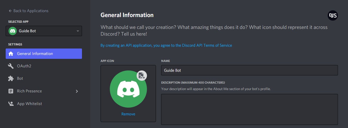 Discord Developer Portal — General Information page after creating an application