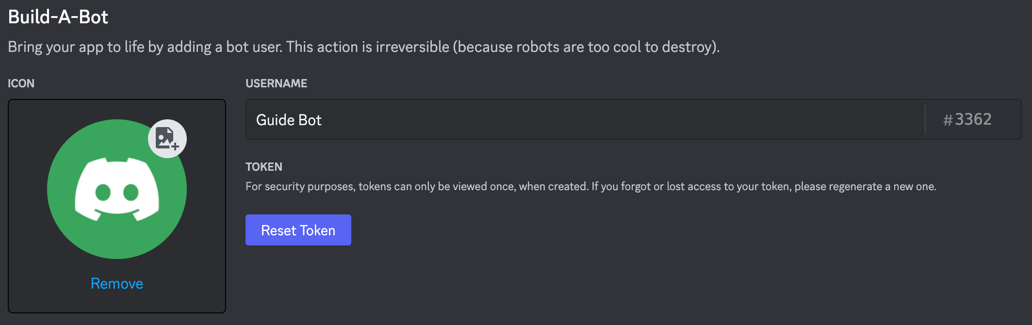 Discord Developer Portal — Bot token section with Reset Token