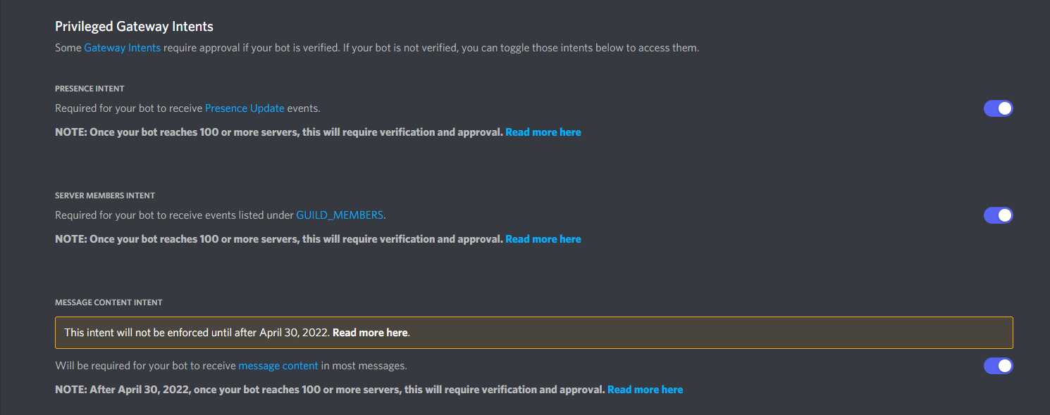 Discord Developer Portal — Privileged Gateway Intents with Message Content Intent enabled